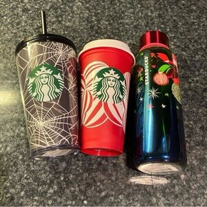 Starbucks Spiderweb Tumbler, Red Holiday Cup, and Festive Bottle